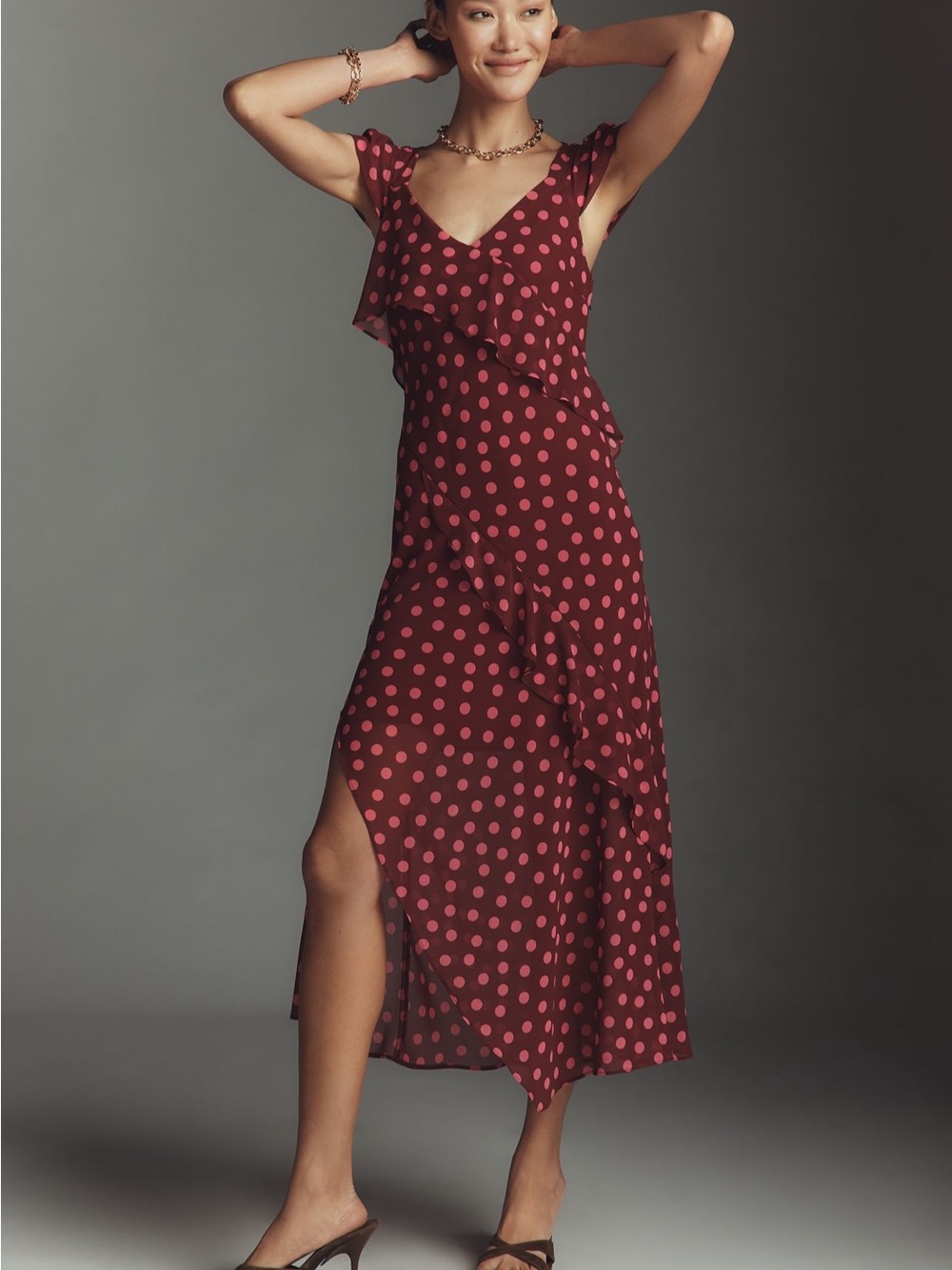 Anthropologie Ruffle-Sleeve Floral Slip Midi Dress